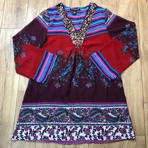 Vibrant Mix Nouveau Beaded V Neck Sheer Tunic Lrge